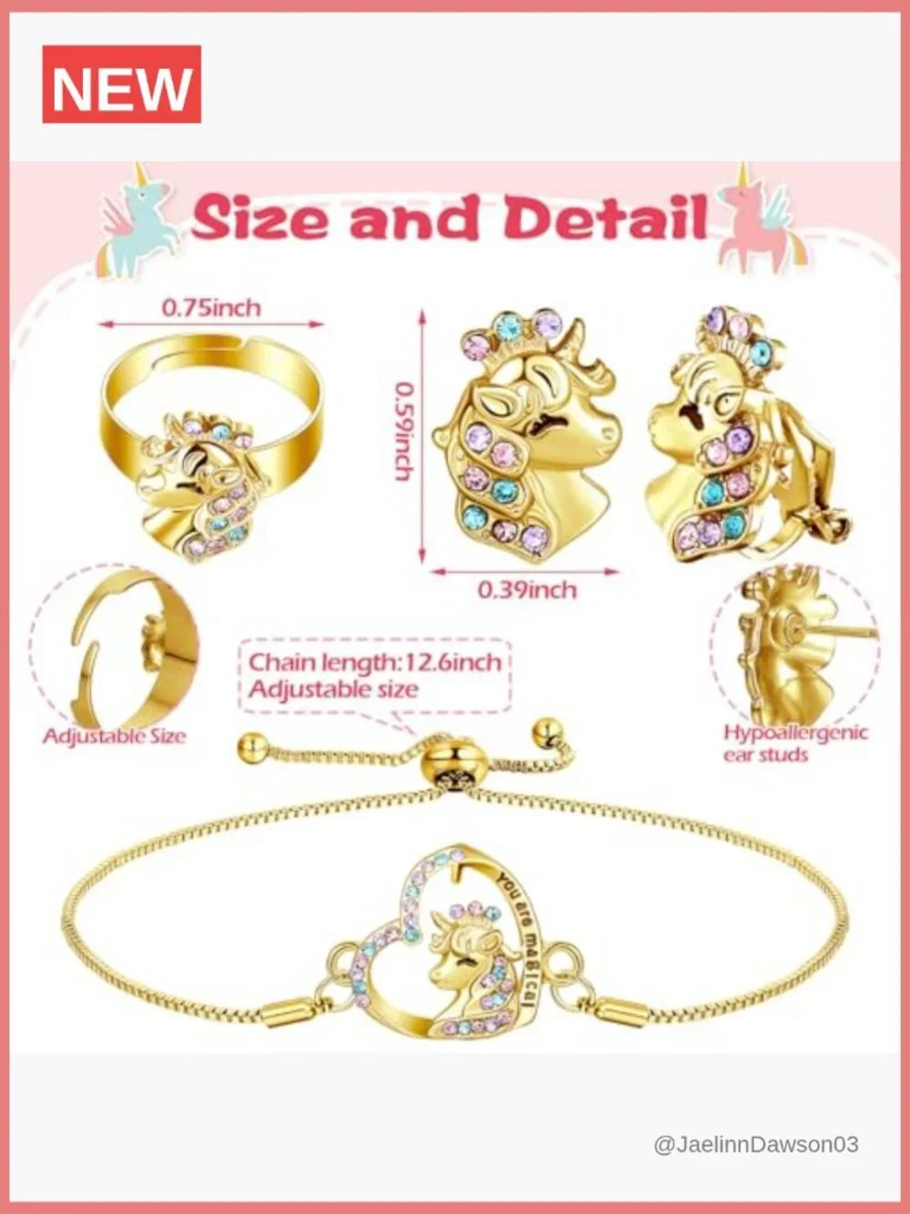 4 Pc Unicorn Axolotl Jewelry Set Necklace Bracelet Ring Earrings
